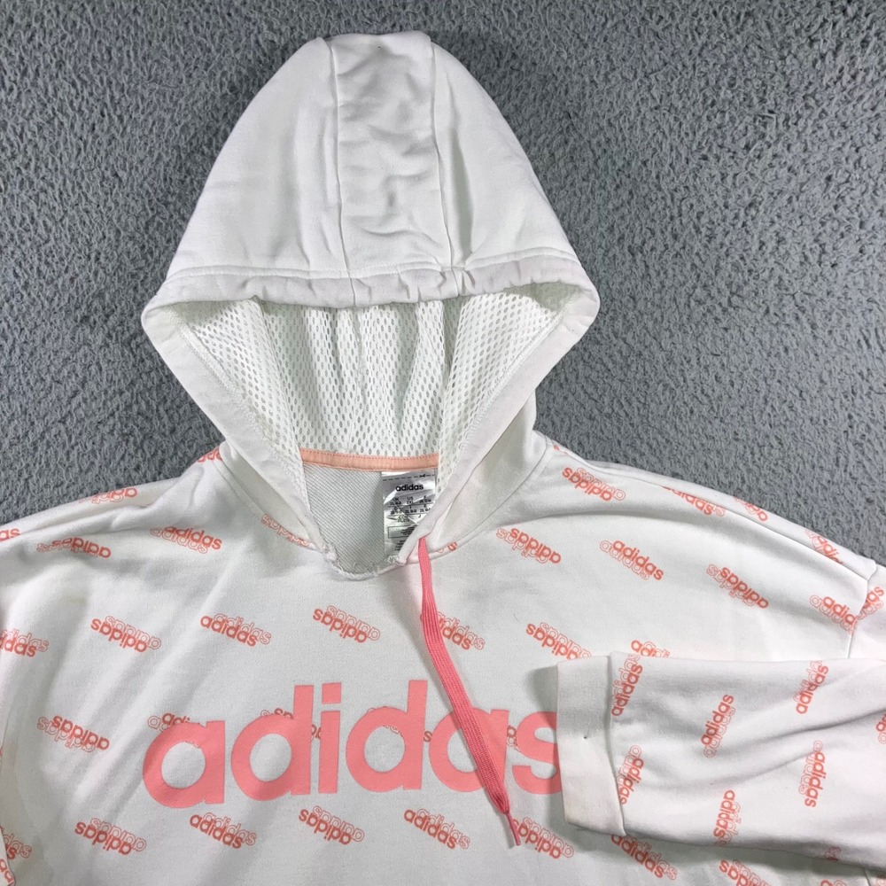Adidas Hoodie All Over Print Womens 2XL White Pink Logo Activewear Pullover